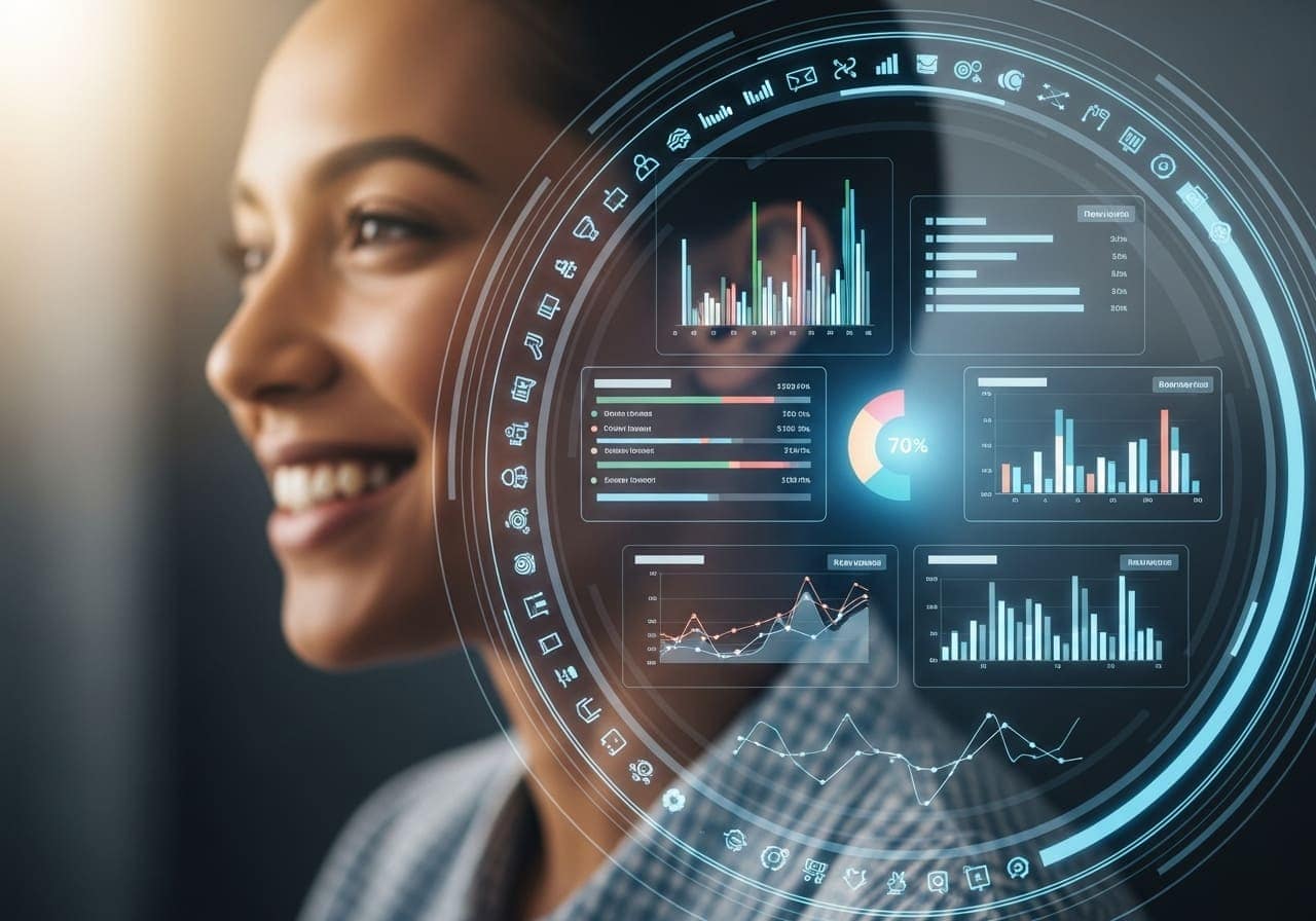 Smiling professional reviewing futuristic digital dashboards, symbolizing the Optic Advantage of automated, centralized, and action-oriented insights