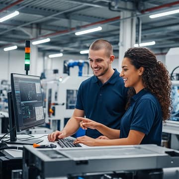 Two engineers reviewing AI-powered manufacturing data on a digital display in a modern smart factory.