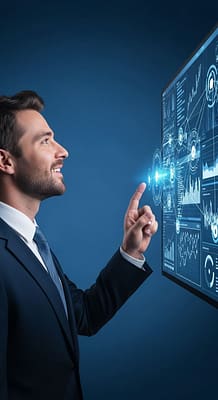 Business professional interacting with a digital dashboard to visualize connected data and drive smarter decisions.