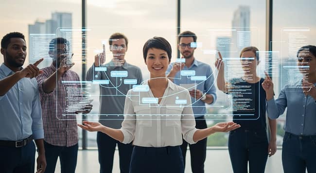 Team analyzing digital workflow dashboard in modern office, symbolizing data-driven oil and gas operations.