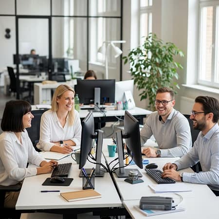 Team collaborating at computers in a modern office, representing AI automation that empowers people and reduces repetitive tasks."