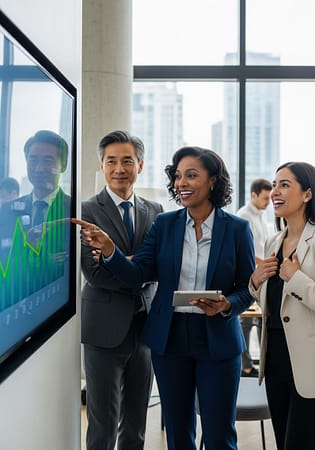 Business professionals reviewing data on a large digital display, symbolizing clarity and unified insights through centralized business intelligence