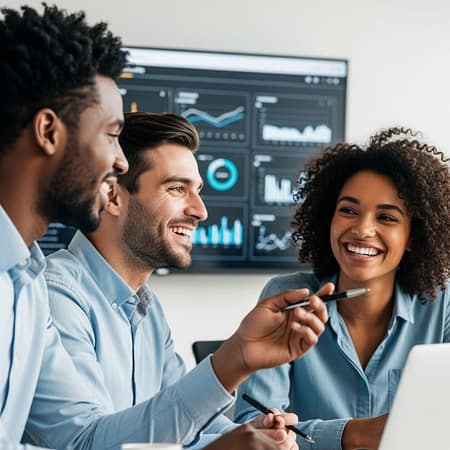 Team collaborating with digital dashboards, symbolizing seamless business system integration through Optic’s connected approach