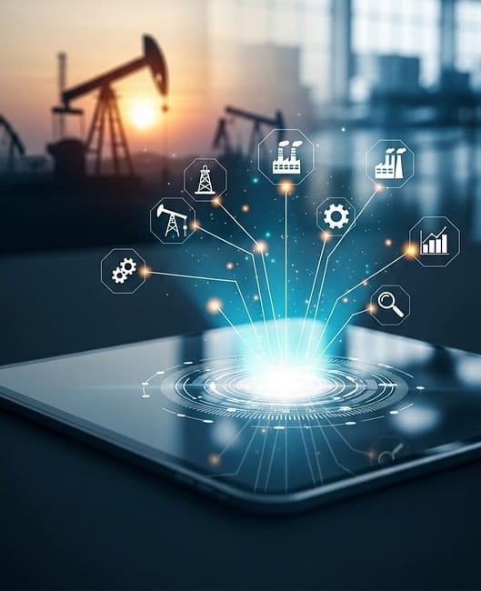 Connected intelligence visualized through icons of industrial workflows and analytics emerging from a tablet