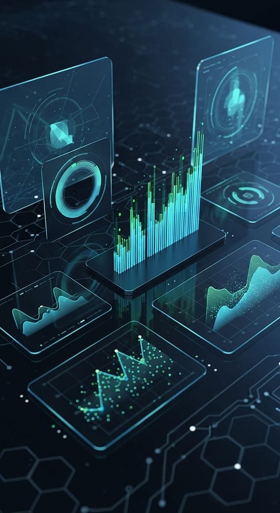 Futuristic digital dashboards with charts and data visualizations, symbolizing AI-powered analytics and key business intelligence features.