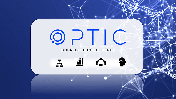 Optic Connected Intelligence logo on digital network background, inviting users to request a demo for smarter business execution.