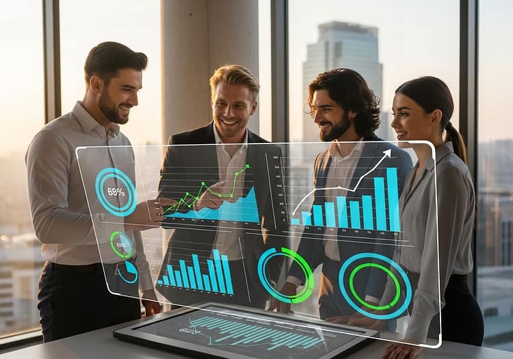 Business team reviewing futuristic dashboards with real-time charts, symbolizing centralized intelligence for faster, more accurate decisions