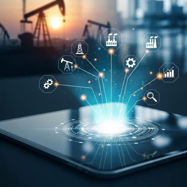 Connected intelligence visualized through icons of industrial workflows and analytics emerging from a tablet