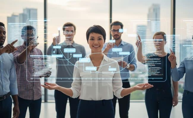 Team analyzing digital workflow dashboard in modern office, symbolizing data-driven oil and gas operations.