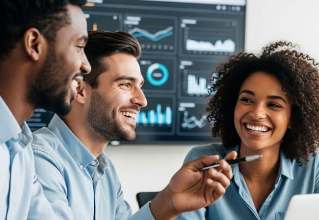 Team collaborating with digital dashboards, symbolizing seamless business system integration through Optic’s connected approach