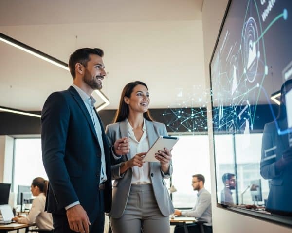 Two business professionals collaborating in a modern office with digital data visualizations representing AI-driven teamwork and connected workflows.
