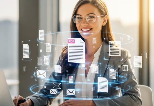 Business professional using AI-powered document processing software to convert digital files into structured data.