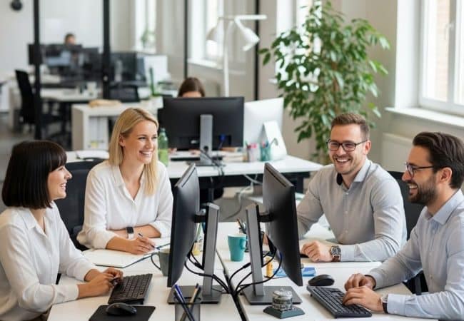 Team collaborating at computers in a modern office, representing AI automation that empowers people and reduces repetitive tasks."