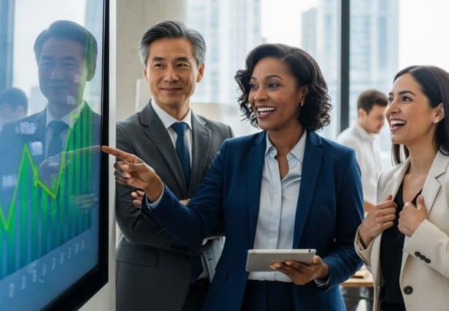 Business professionals reviewing data on a large digital display, symbolizing clarity and unified insights through centralized business intelligence