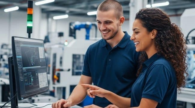 Two engineers reviewing AI-powered manufacturing data on a digital display in a modern smart factory.