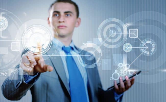 Professional using a futuristic digital interface, symbolizing secure, mobile-friendly access with Optic’s cloud-hosted reliability and MFA support